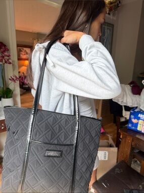 Vera Bradley Black Quilted Tote Bag with Patent Trim - EUC